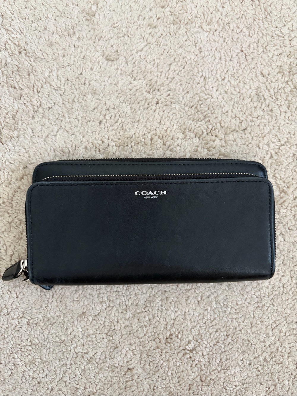 Coach New York Black Leather Double Zip Accordion Wallet No Wristlet Strap